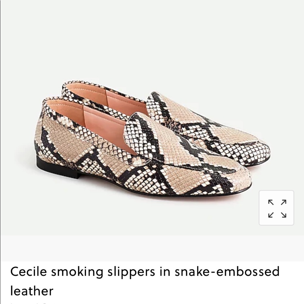 NWT. J Crew Cecile Smoking slipper in snake embossed leather.
